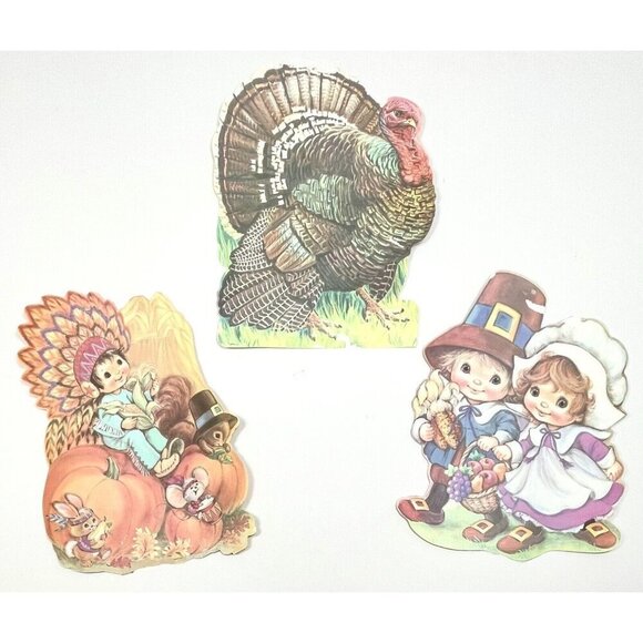 3x VTG EUREKA Paper THANKSGIVING Window Wall Decorations Turkey Pilgrim Indian - Picture 1 of 7